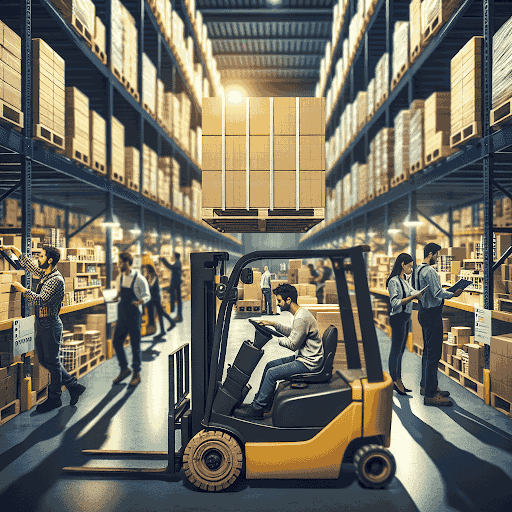 Forklift operator maneuvering in a busy warehouse, surrounded by shelves filled with boxes, illustrating efficient warehouse operations and productivity.