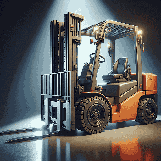 Forklift in a spotlight, showcasing essential machinery for supply chain operations and emphasizing the importance of reliable spare parts suppliers.