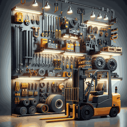 Forklift with maintenance tools and accessories displayed on a well-lit workshop wall, showcasing equipment essential for forklift tyne upkeep and material handling operations.