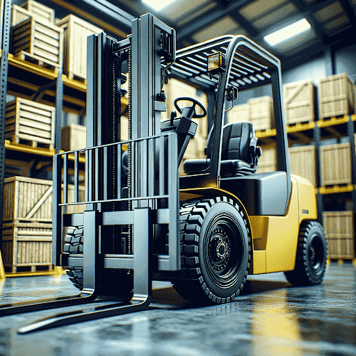 Eco-friendly forklift in a warehouse setting, showcasing sustainable material handling practices, emphasizing efficiency and reduced environmental impact.