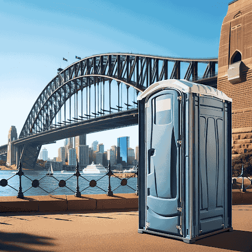 Portable toilet in front of Sydney Harbour Bridge, illustrating sanitation solutions for outdoor events and construction sites.