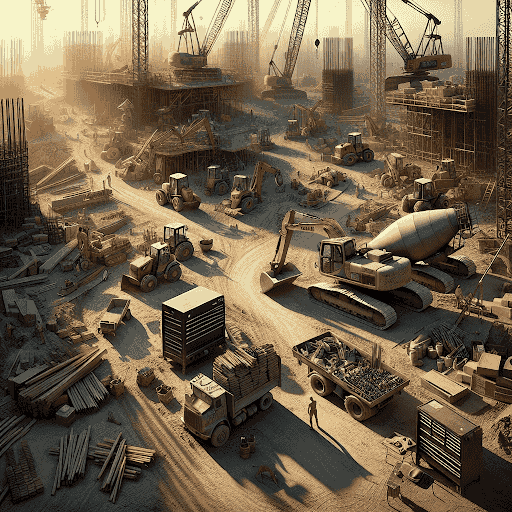 Construction site with heavy machinery, cranes, and workers, illustrating the importance of safety equipment and practices in reducing on-site risks.