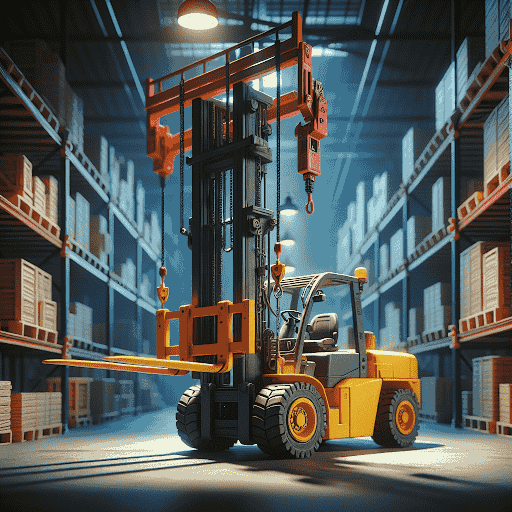 Forklift with lifting jib attachment in a warehouse setting, showcasing enhanced material handling capabilities and efficiency.
