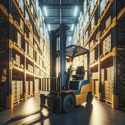Forklift in a warehouse setting with stacked boxes, illustrating the importance of forklift slippers for efficient material handling.