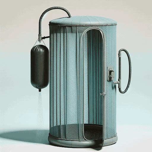 Portable shower unit designed for disaster relief, featuring a transparent enclosure and water supply system, emphasizing hygiene and accessibility during emergencies.