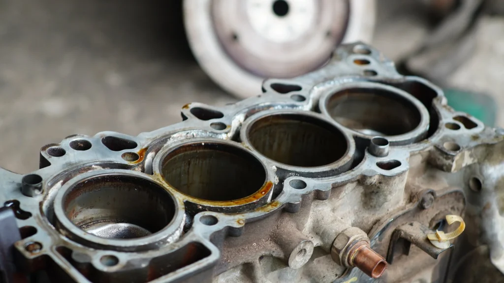 Cylinder head with exposed combustion chambers, showing signs of wear and oil contamination, relevant to cylinder head gasket replacement and engine repair.