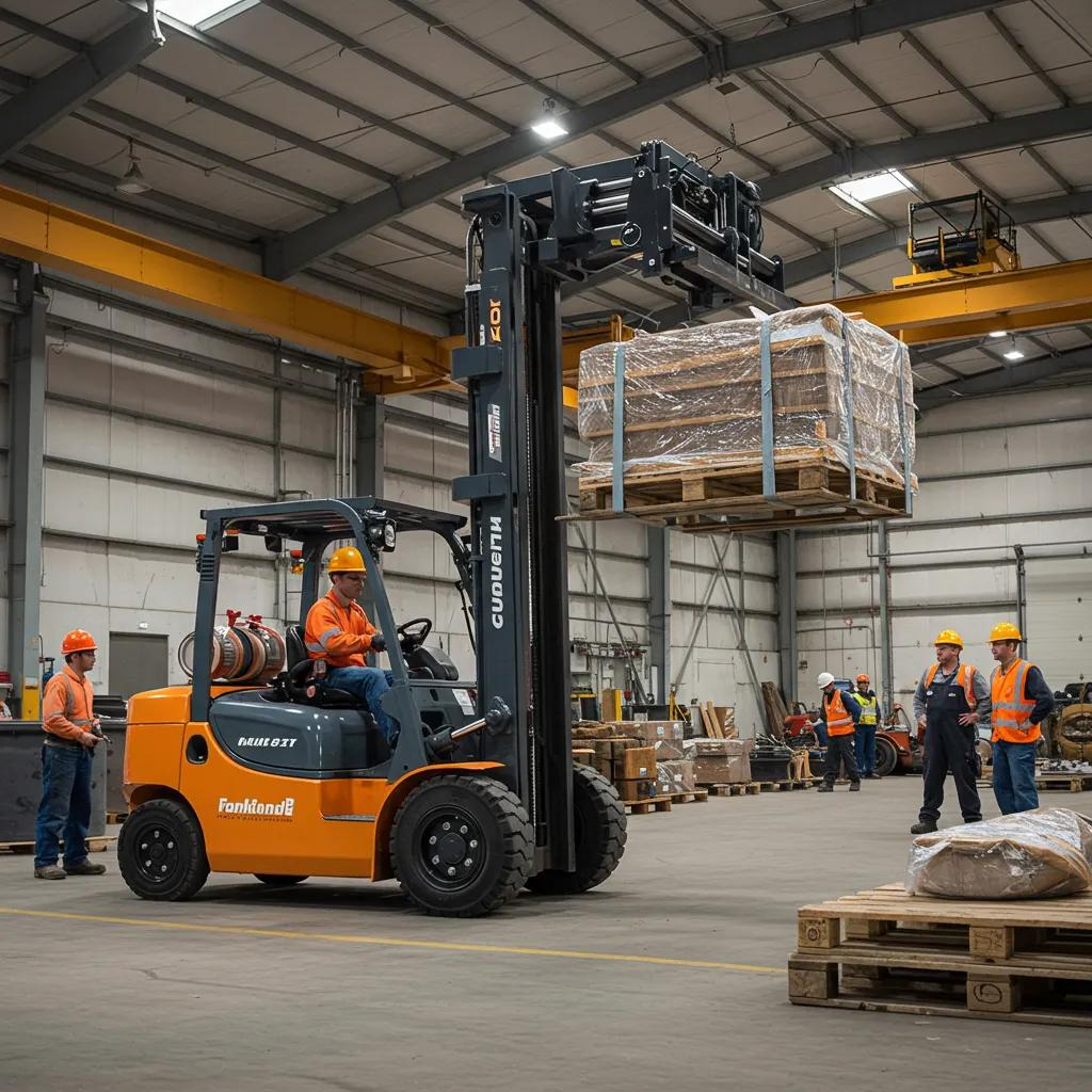 Forklift jib lifting a pallet in a busy industrial warehouse, showcasing safe operation and teamwork among personnel wearing safety gear.