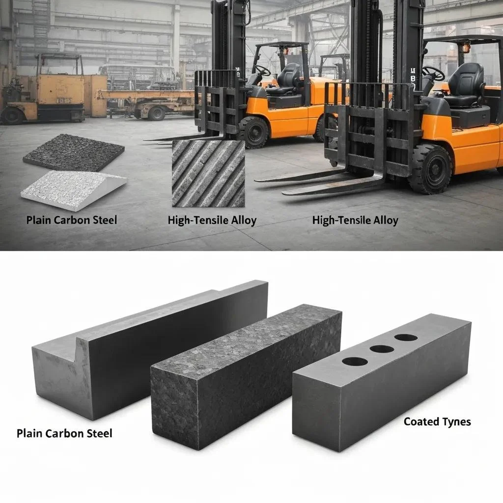 Forklift tynes made of plain carbon steel and high-tensile alloy, showcasing material options for durability and performance in warehouse operations.