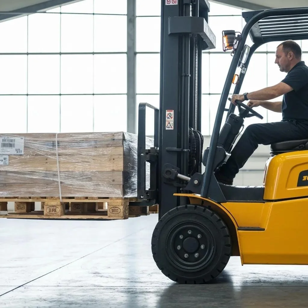 Forklift operator maneuvering a yellow forklift with wooden pallets, demonstrating practical application of forklift tynes in material handling and load distribution.