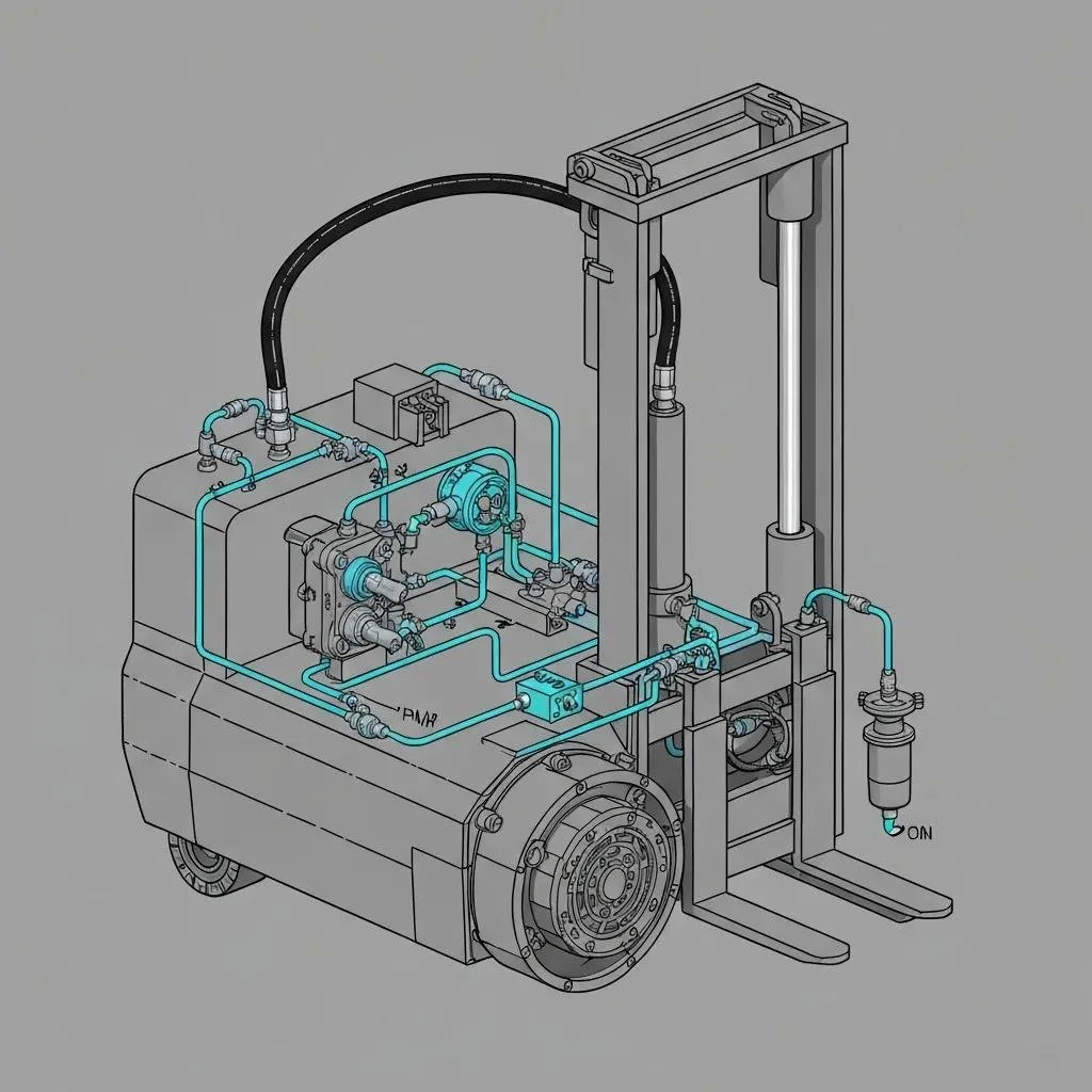 Diagram of a forklift hydraulic system, showcasing components like the motor, hydraulic lines, and control valves, emphasizing the mechanics behind forklift operation and safety in load handling.