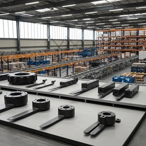 Warehouse interior showcasing various forklift tynes and attachments on display, emphasizing different types and configurations for material handling solutions.