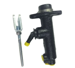 Hydraulic master cylinder with yellow fittings and a connecting rod, showcasing quality hydraulic parts for forklifts and industrial equipment.
