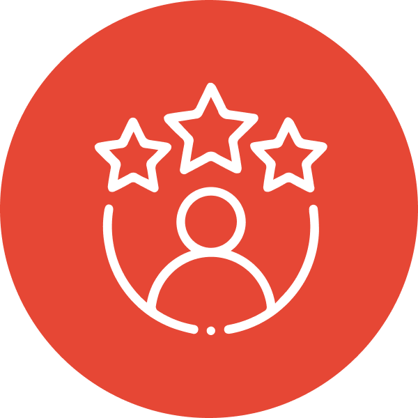 Icon representing expertise and customer satisfaction with three stars surrounding a person, symbolizing quality and reliability in forklift attachments.