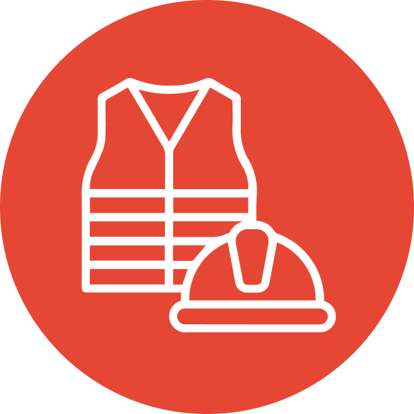 Safety vest and hard hat icon representing worksite safety equipment for industrial environments.