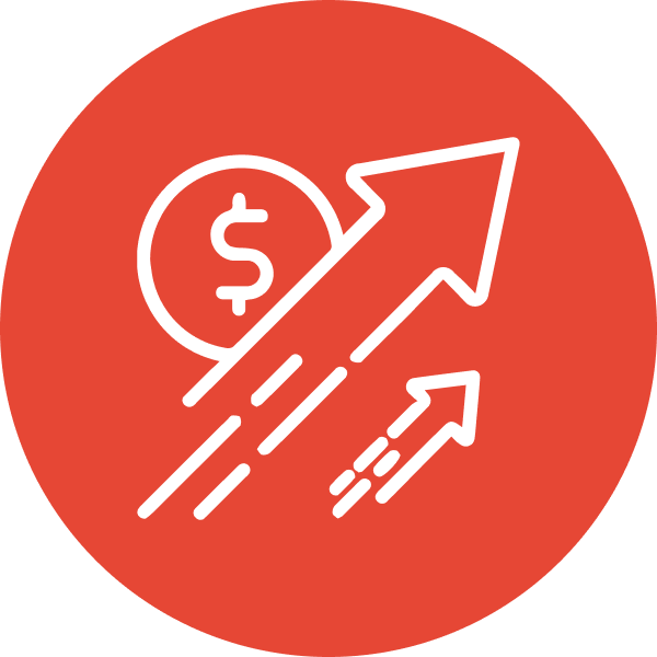 Icon depicting upward arrows and a dollar sign, symbolizing cost-effective solutions and efficiency for worksite equipment from Mandarin Imports & Exports.
