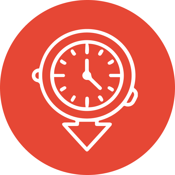 Clock icon with downward arrow on red background, symbolizing time management and efficiency for worksite equipment solutions by Mandarin Imports & Exports.