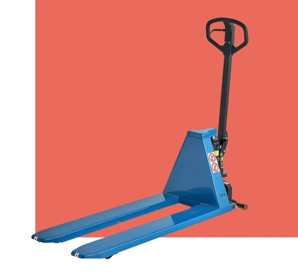 Hand pallet jack with hydraulic system and ergonomic handle, designed for efficient material handling in warehouses and loading docks.