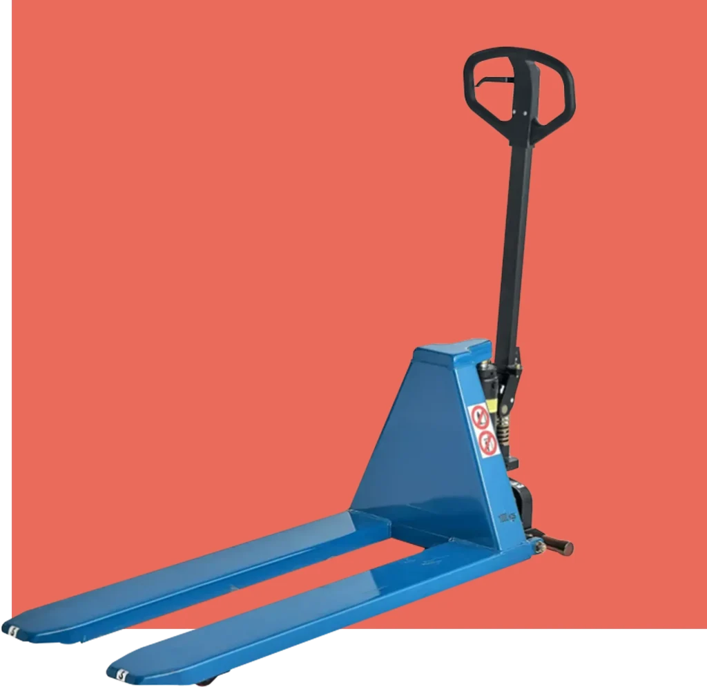 Hand pallet jack with blue forks and black handle, set against a red background, representing durable warehouse equipment for material handling in Australia.