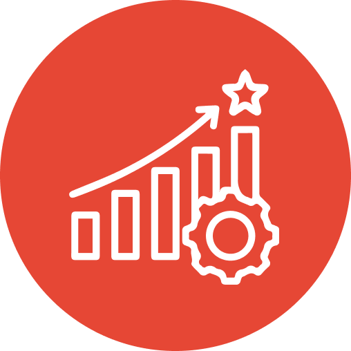 Icon of a graph with upward trend and gear symbol, representing efficiency and performance in forklift attachments.