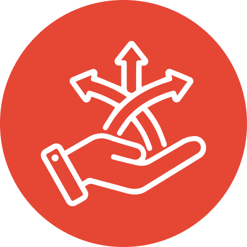 Hand with arrows indicating versatility and flexibility in material handling solutions.