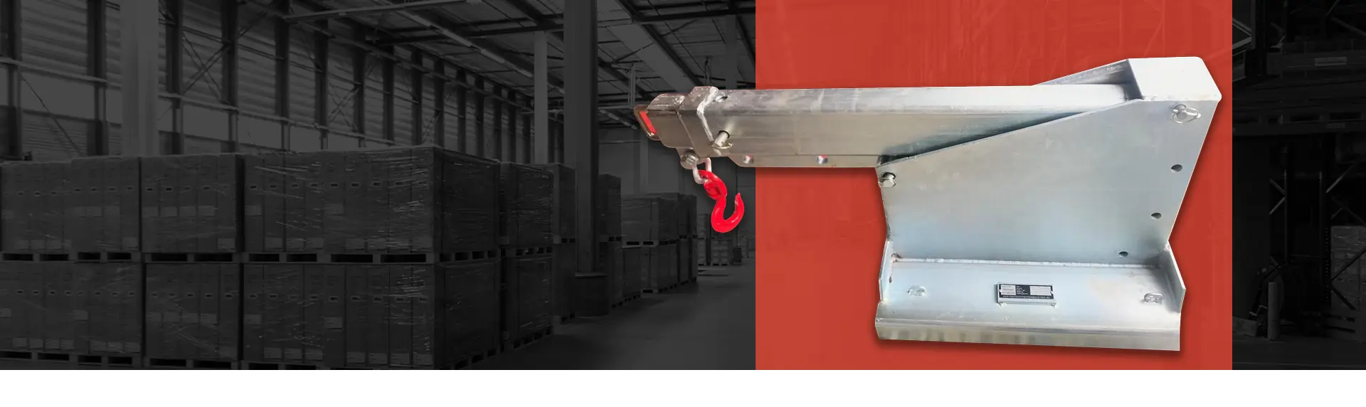 Machine attachment with a red hook, set against a warehouse background, emphasizing worksite equipment for portable sanitation solutions.