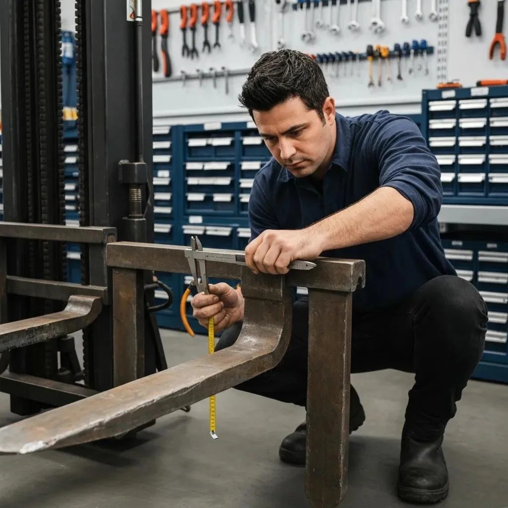 Technician measuring forklift tyne dimensions with calipers in a workshop, emphasizing maintenance practices for safety and compliance with AS 2359 standards.