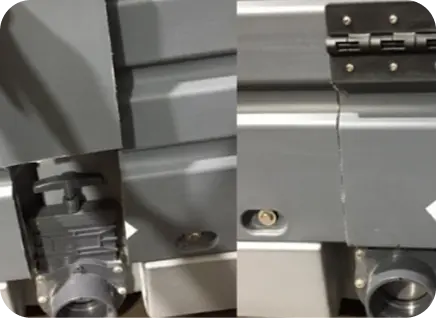 Close-up of portable toilet rear waste outlet valve and hinge, showcasing the connection for easy waste disposal and secure closure for odor control.