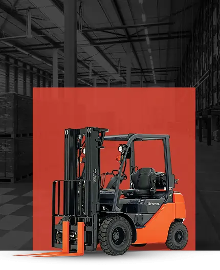 Forklift in warehouse setting with orange and black color scheme, showcasing Mandarin Imports & Exports' industrial equipment offerings.