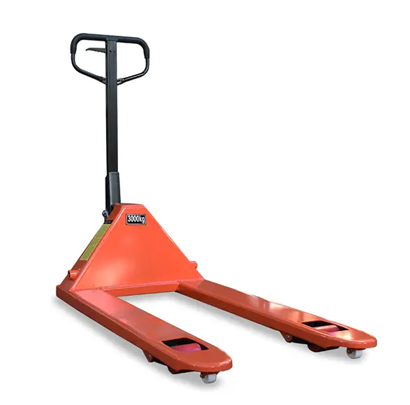 Hand pallet jack with a hydraulic system, designed for lifting and moving heavy loads, featuring a sturdy red frame and a weight capacity of 3000kg, suitable for warehouse and loading dock operations.