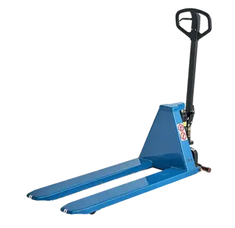 Hand pallet jack with blue forks and hydraulic lift mechanism, designed for efficient material handling in warehouses and loading docks.