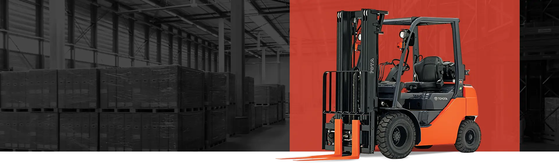 Forklift in a warehouse setting with stacked pallets, showcasing Mandarin Imports & Exports' industrial equipment offerings.