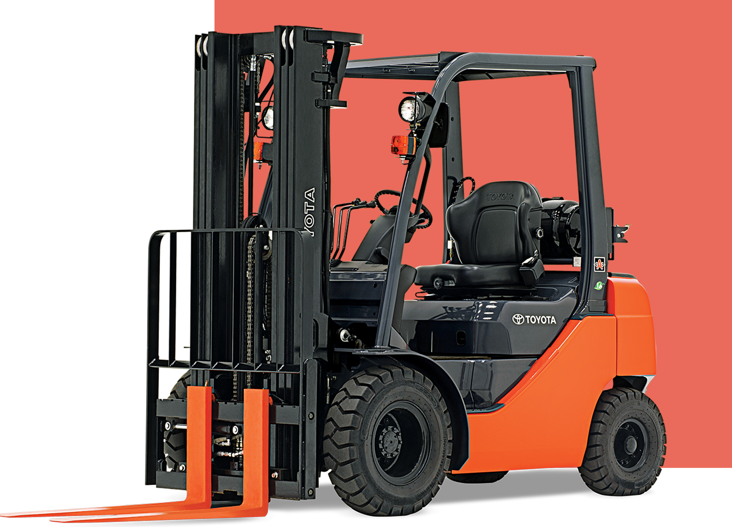Forklift truck by Toyota with orange forks and black chassis, featured in a promotional context for product inquiries at Mandarin Imports Exports.