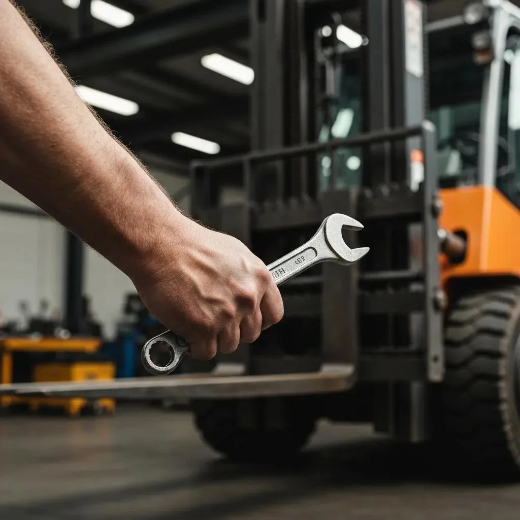Hand holding a wrench in front of a commercial forklift, emphasizing maintenance and safety in forklift operations.
