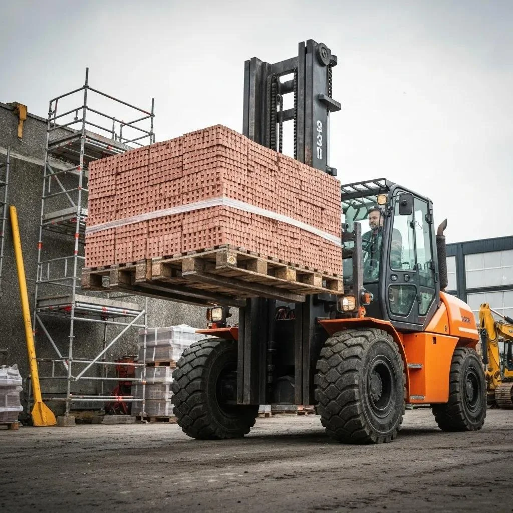 Heavy duty forklift lifting a pallet stacked with bricks in a construction yard, demonstrating material handling capabilities and operational efficiency.