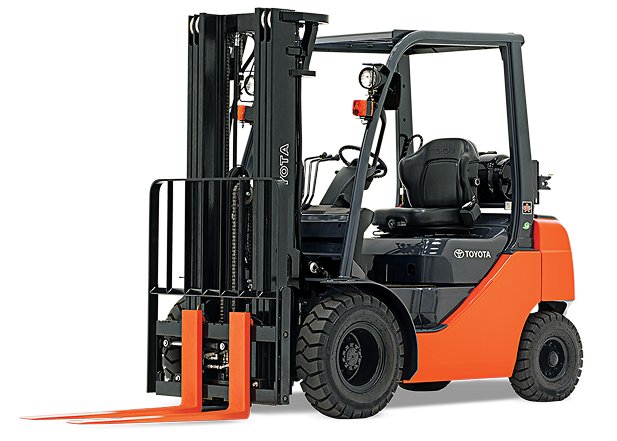 Toyota forklift with solid tyres, showcasing industrial equipment for work sites, relevant to Mandarin Imports & Exports' product offerings.