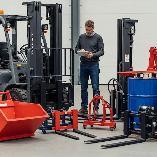 Man inspecting various forklift attachments, including a drum handler, spreader bar, and bucket, in a warehouse setting, emphasizing selection for construction safety and efficiency.