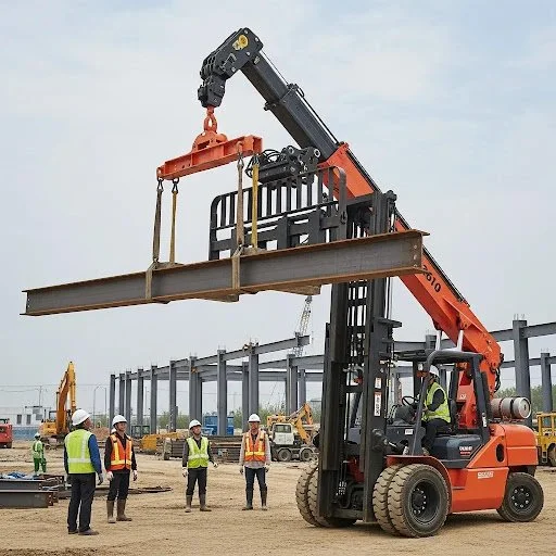 Forklift with jib crane attachment lifting a long steel beam on a construction site, surrounded by workers wearing safety gear, illustrating heavy lifting capabilities for construction handling.