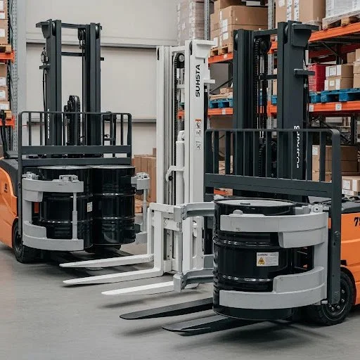 Specialised forklifts with various attachments, including drum handlers and clamp variants, designed for efficient material handling in warehouse environments.
