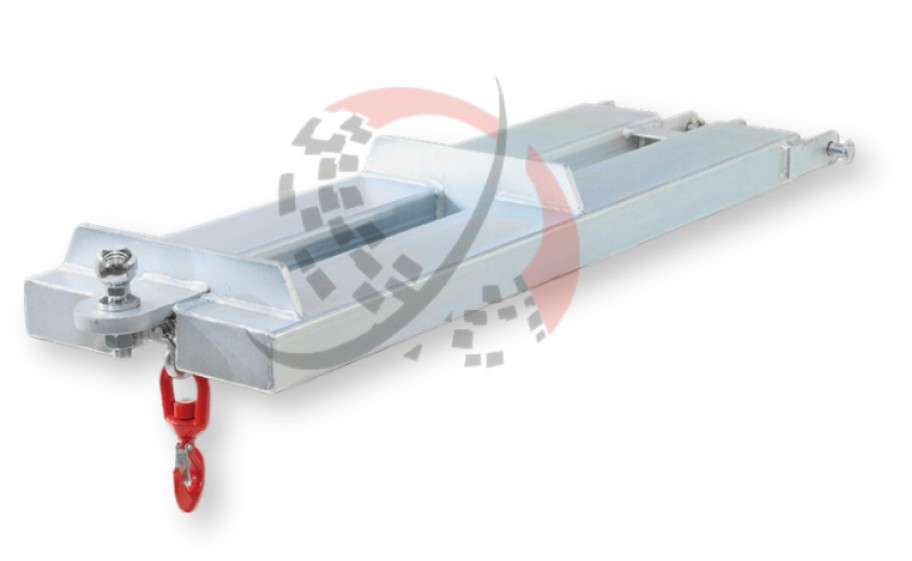 Tow bar forklift jib attachment with red hook, designed for towing heavy loads, showcasing versatility for forklift operations.