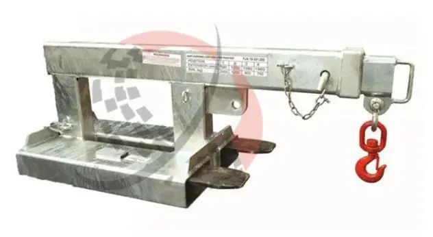 Tow bar forklift jib attachment with a hook, designed for towing heavy loads, featuring a robust metallic structure and safety chain, suitable for enhancing forklift functionality.