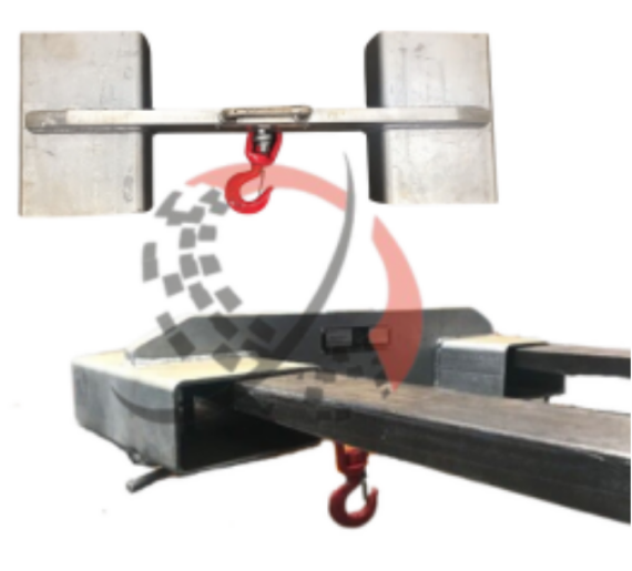 Forklift lifting hook attachment with red swivel hook, designed for enhancing forklift functionality, featuring a galvanized finish and compatible with various forklift models.