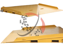 Container ramp with raised side plates and top loading pockets, featuring a yellow enamel paint finish and designed for efficient loading and unloading of goods from shipping containers.