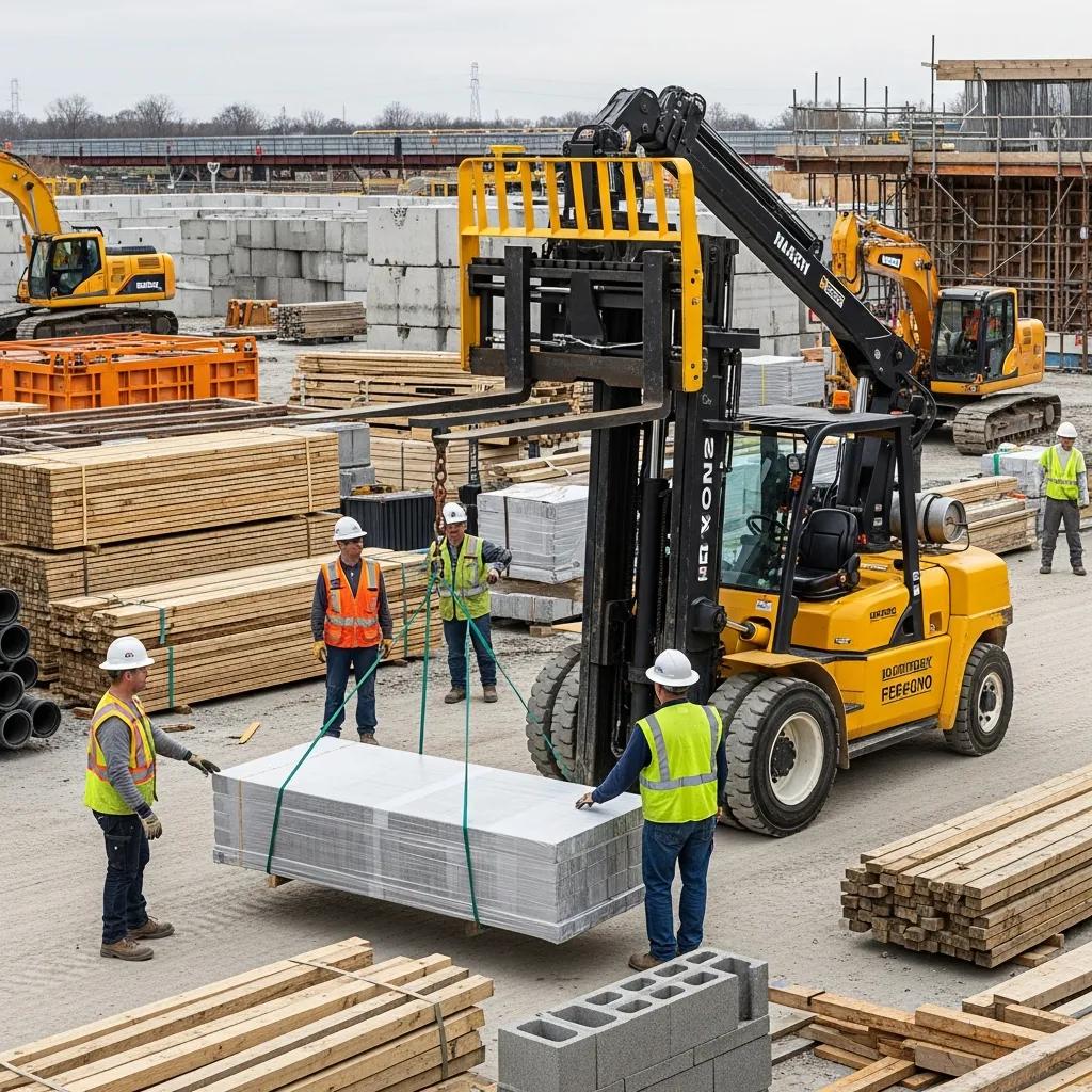 Forklift lifting construction materials with jib crane attachment, surrounded by workers in safety gear, timber stacks, and construction site equipment.