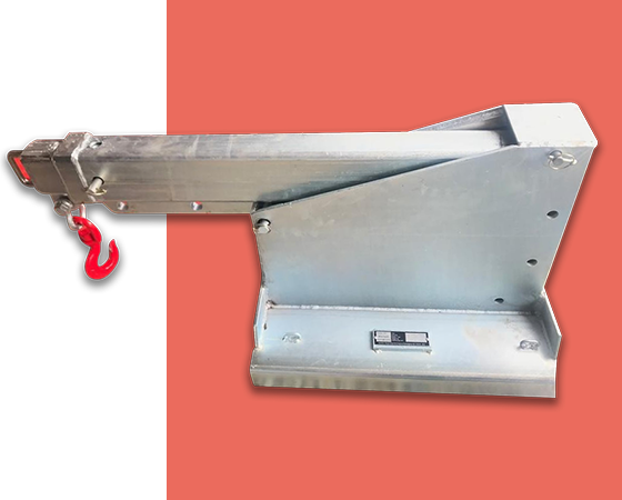 Forklift jib attachment with a red hook, designed for lifting and extending load capacity, showcased against a contrasting background, relevant to forklift attachments in Australia.