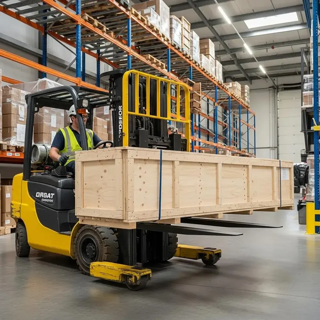 Forklift operator maneuvering a forklift with wooden crate attachment in a warehouse setting, showcasing efficient material handling and versatility of forklift extensions.