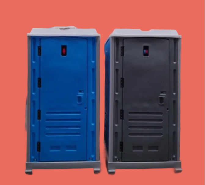 Blue and gray portable toilets on an orange background, representing hygiene solutions for construction sites in Australia.