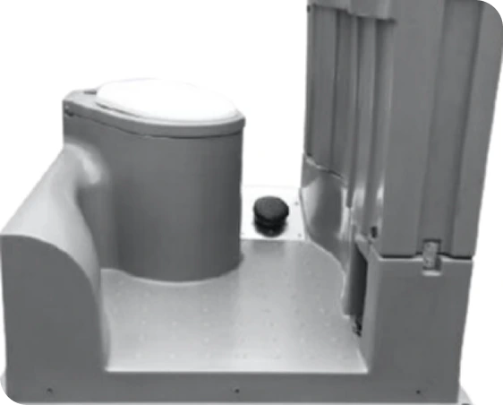 Portable toilet unit featuring a seated toilet, foot pump, and adjacent shower space, designed for outdoor use in construction sites, emphasizing hygiene and convenience.