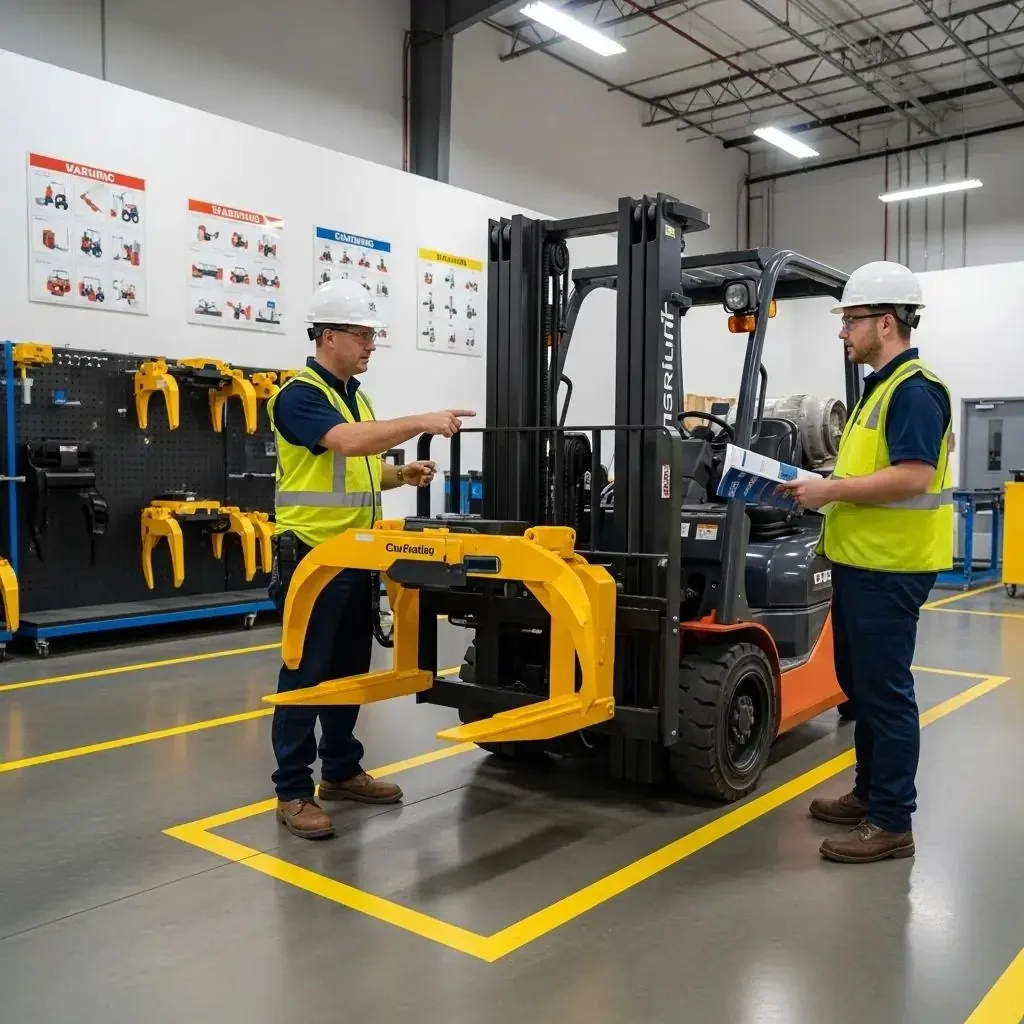 Two workers in safety vests and helmets discussing a forklift with yellow attachment in a warehouse setting, surrounded by various forklift attachments displayed on the wall, emphasizing safety and operational best practices.