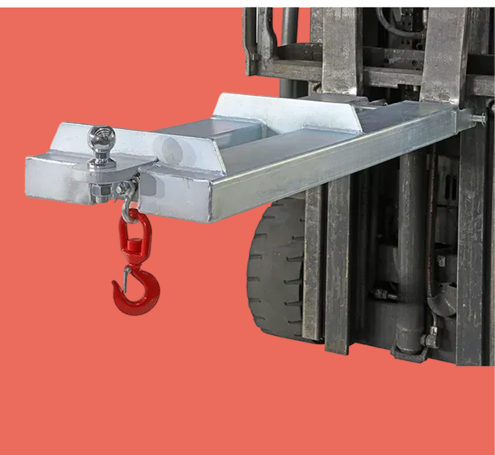 Forklift jib attachment with red hook, designed for extending forklift reach and versatility in lifting applications.