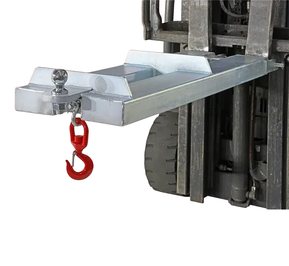 Hydraulic forklift attachment with a red hook, showcasing durability and efficiency in material handling, aligned with Australian quality standards.